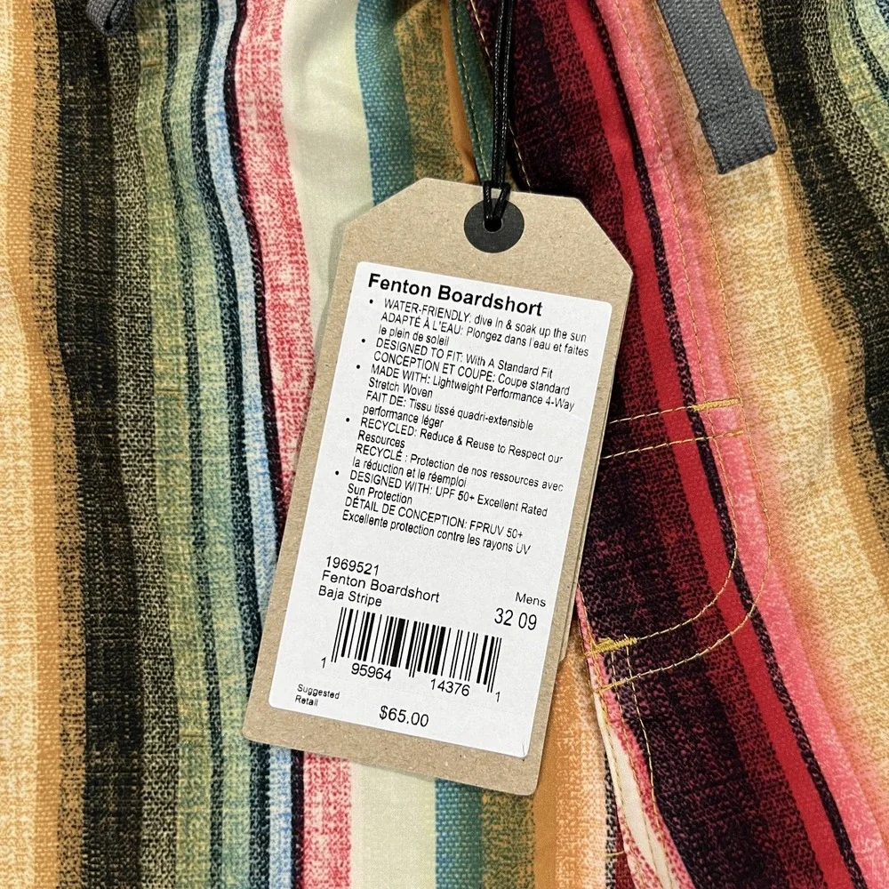 Prana Board Shorts Mens 32 Fenton Baja Stripe Swim Pocket Beach Surfing New